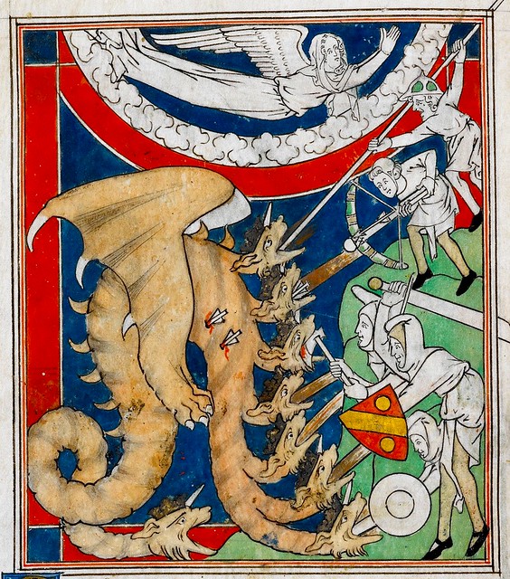 Five men battling Dragon-Angel above. detail miniature. England  BL