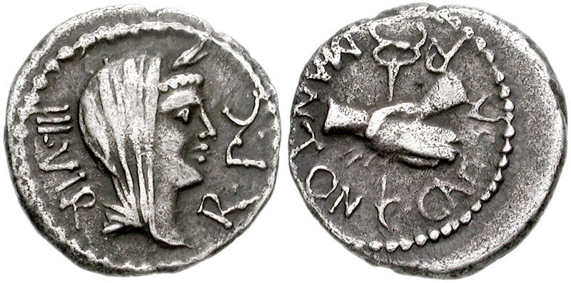 Mark Antony. 39 BC. AR Quinarius (14mm, 1.80 g, 12h). Military mint travelling with Octavian in Gaul. Diademed and veiled head of Concordia right / Clasped hands holding caduceus. Crawford 529/4b; CRI 304; Sydenham 1195; RSC 67
