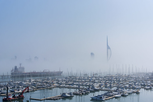 Sunny and foggy Portsmouth Harbour from Gosport (Explored)