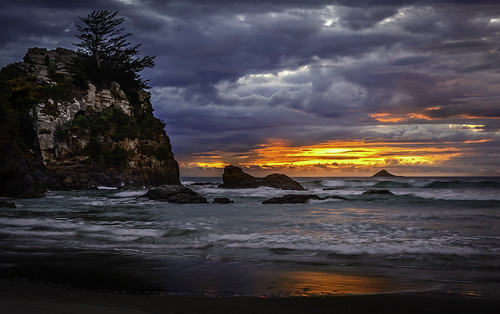 morning sunrise ocean waves oceanscape photo brighton beach image picture photos images pictures newzealand zealand otago rocks tree trees clouds dark water reflection