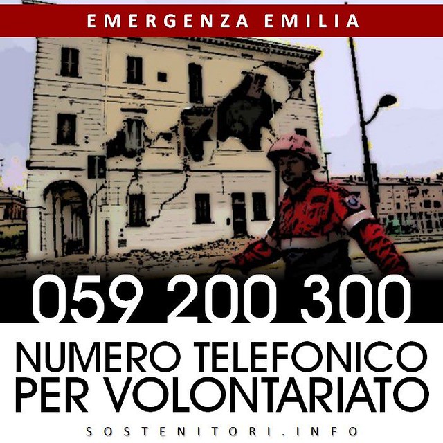 Terremoto in Emilia: EMERGENZA EMILIA: 059 200 300 NUMERO TELEFONICO PER VOLONTARIO. FACEBOOK (29/05/2012).