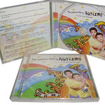 The image shows two CD cases. The CD placed aboved is open and the disc is shown placed in its case while the bottom is closed. The background has a rainbow, musical instruments, waves, grass and two boy on the spectrum wearing yellow shirt and blue pants.
