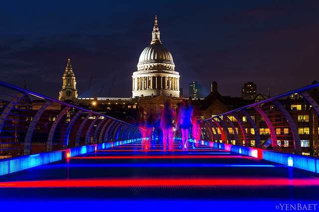 London - Colored Lights at the Millennium Bridge, with St. Paul's