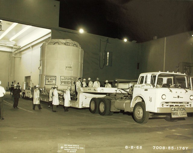 Apollo Service Module leaving the Building 290 Airlock to be transported for delivery to the Cape.  This is the service module section of the spacecraft. It provides fuel, thrust, lift, maneuverability, navigation, tools, equipment, etc. for the Command M