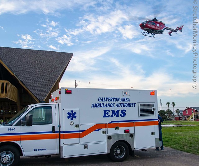 Memorial Hermann Life Flight 5 and Galveston County Health District EMS Medic 4 on a call in Jamaica Beach, Texas.