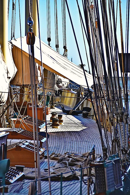 View on deck of a sailing ship in the port of Imperia, Liguria
