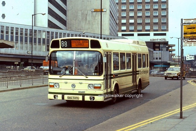 Nottingham 727 (GAU 727L), 1973 Leyland National (10.3 metres) B40D, Maid Marion Way, Nottingham, 5 April 1976.