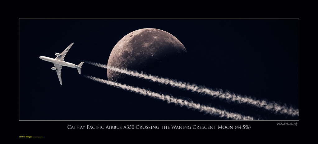 Web version of a panorama print 2 metres wide of a Cathay Pacific Airbus A350 with contrails crossing the Moon