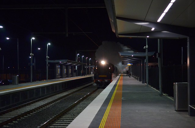 Old steam train roars through the newest Metro station; Cardinia Road.