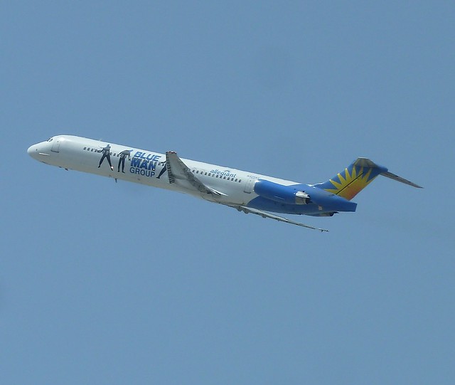 Allegiant Air N405NV Blue Man Group MD83 jet above LAX