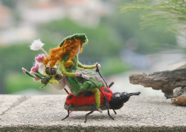 Waldorf Nedlle Felted Wool Soft Sculpture-The Little Pixy And Her Ladybug-Needle felt by Daria Lvovsky