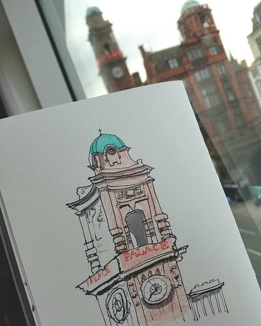 Palace Theatre through our dirty hotel room window, Manchester, UK. #urbansketchers #uskseattle #uskmanchester2016