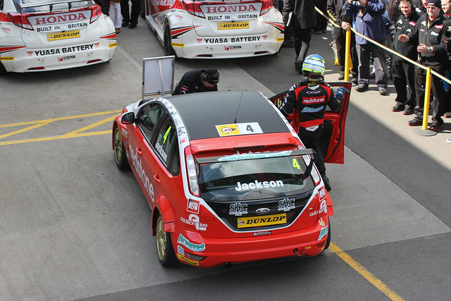 Mat Jackson parks and gets out of his car after finishing third at the BTCC in Donington Park in April 2012
