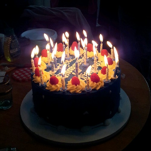 blue birthday cake with candles