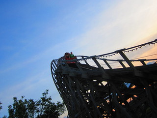 Hershey park, PA.. The Wildcat roller coaster car over the hill