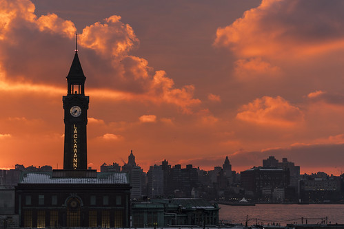 lackawanna hoboken hobokenterminal hudsoncounty morning sunrise clouds red orange pink clocktower newyorkcity nj ny hudsonriver delawarelackawannawestern dlw