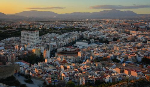sunset city urban cityscape skyline shadows alicante espana spain hdr landscape mountains horizon
