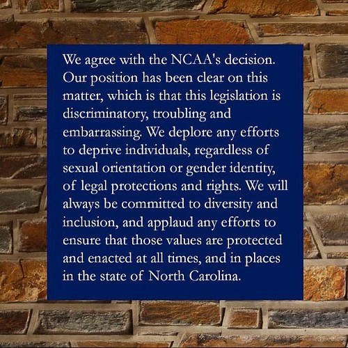 A statement from Kevin White, Duke University's vice president and director of athletics, on the NCAA's decision to ban the NCAA Tournament from being held in North Carolina. #HB2