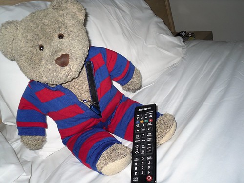 tedricstudmuffin teddy bear ted stuffed soft toy fluffy cuddly holiday vacation vacances travel wales stclears travelodge travelodgical hotel room bed onesie relaxation tv telly television viewing remotecontrol holibobs cymru uk welsh carmarthensire nosda goodnight holibob language
