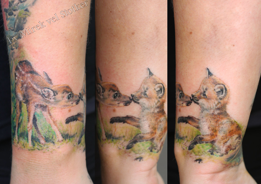 baby fawn and fox tattoo by Mirek vel Stotker.