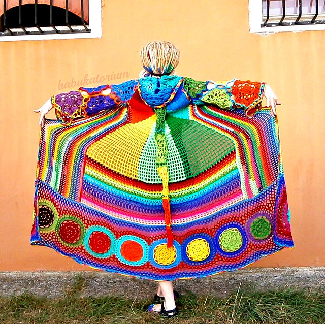 Kaleidocoat -  Multicolor Multimotif Striped And Hooded Hippie Crochet Coat