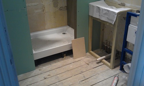 Adjacent Bathroom: N&C Tile Backer Board forming cladding to Studwork Enclosure. | by www.bembuilders.co.uk