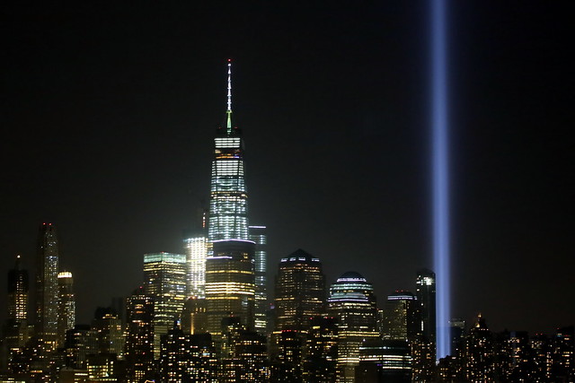 On the eve of the 9/11, the Tribute in Light rises from Lower Manhattan. #NeverForget