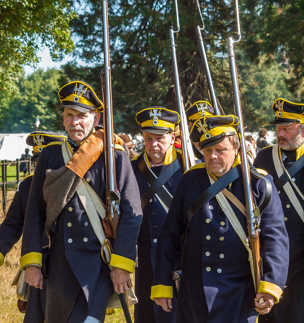 A reenactment group in 19th century Prussian army uniform at Romsey in Hampshire