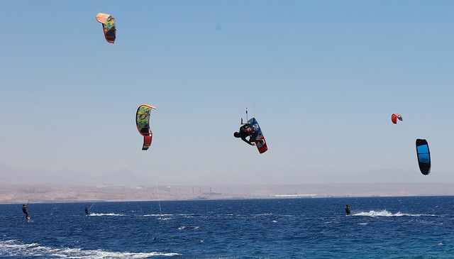 Kite Surfing at one of Eilat's beaches, Israel