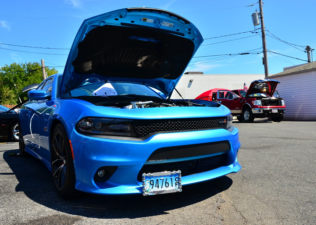 Image of Hood Up on a Blue Dodge Charger RT Scat Pack