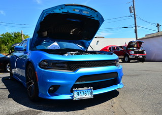 Hood Up on a Blue Dodge Charger RT Scat Pack