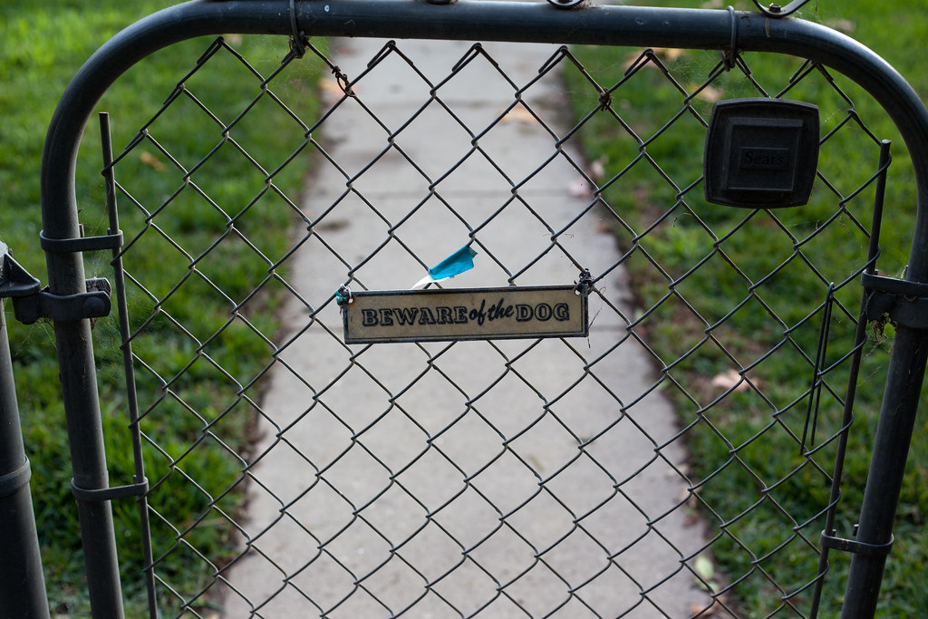 Chain-link gate displaying an aged sign reading 'BEWARE of the DOG' leading to a front path.