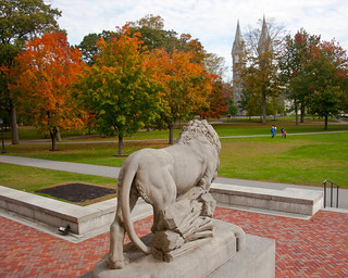 Lion in front of Bowdoin College Art Museum