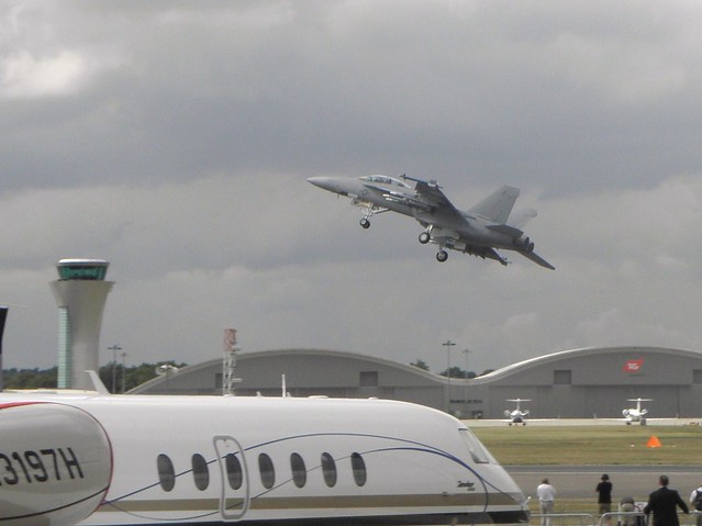 A USAF Fighter takes off at the 2010 Farnborough air show
