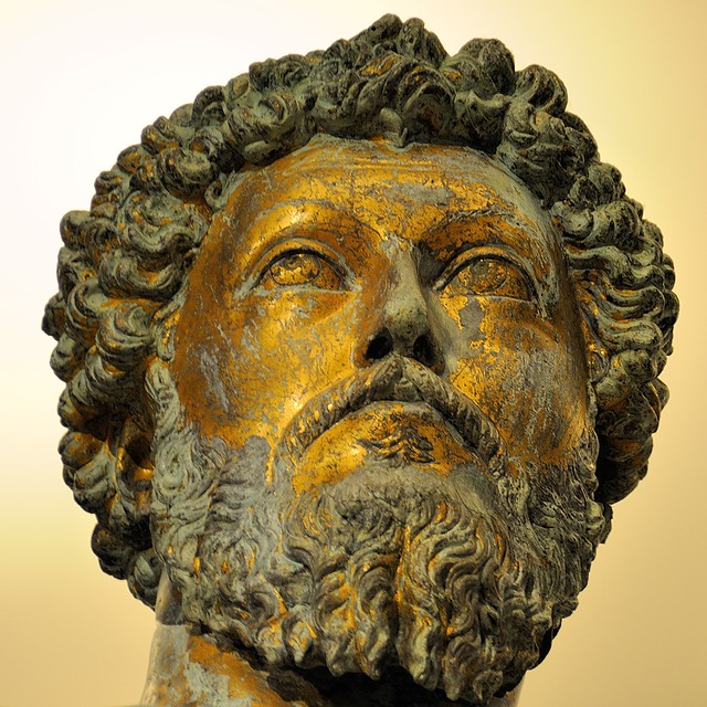 Ancient gilt bronze head, Marcus Aurelius equestrian statue - Capitoline Museums, Rome ..