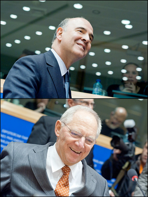 Friendly smiles from finance ministers Pierre Moscovici and Wolfgang Schäuble