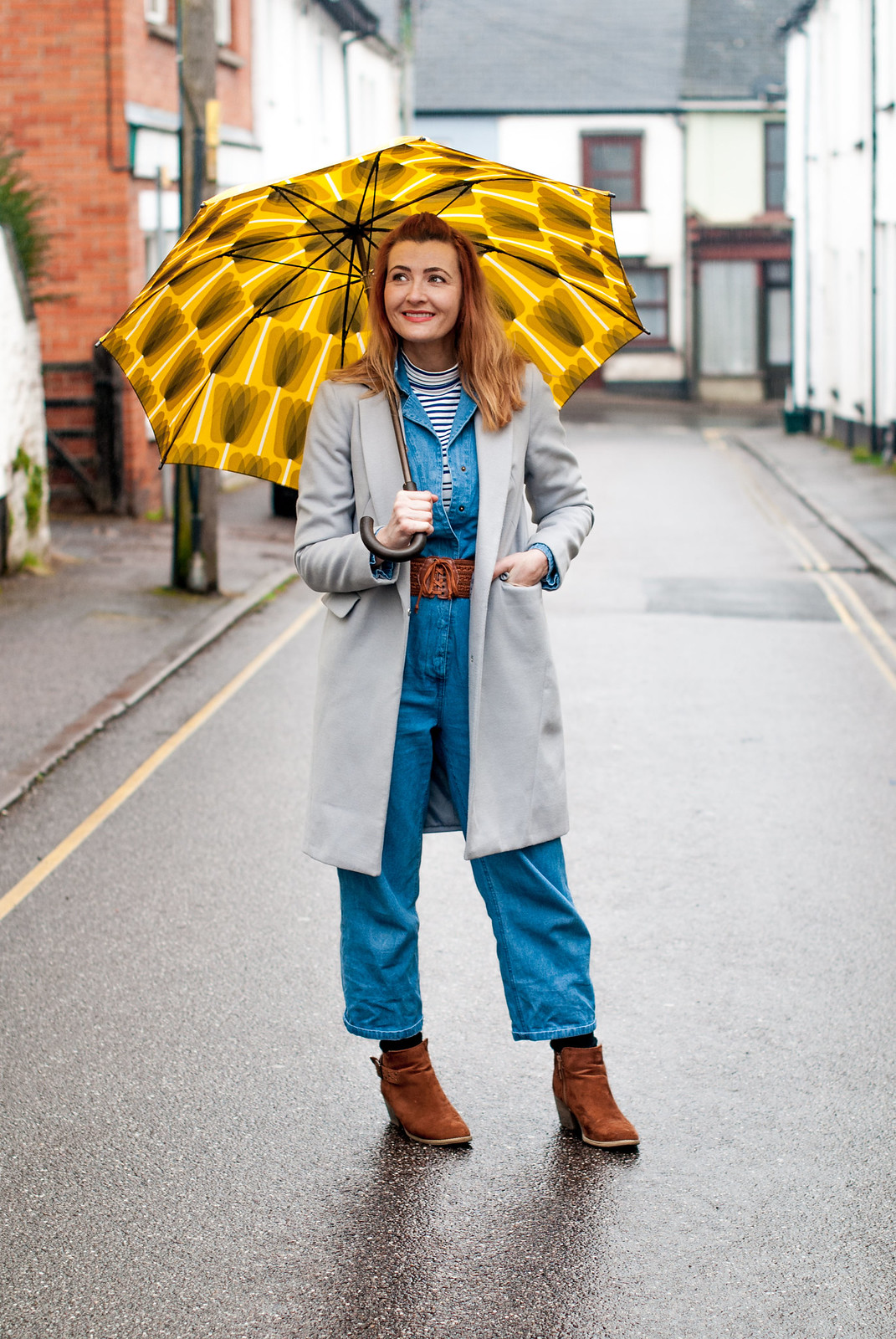 Styling a Boiler Suit for a Rainy Spring Day: Denim boiler suit \ grey duster coat \ striped Breton roll neck \ tan suede ankle boots | Not Dressed As Lamb, over 40 fashion