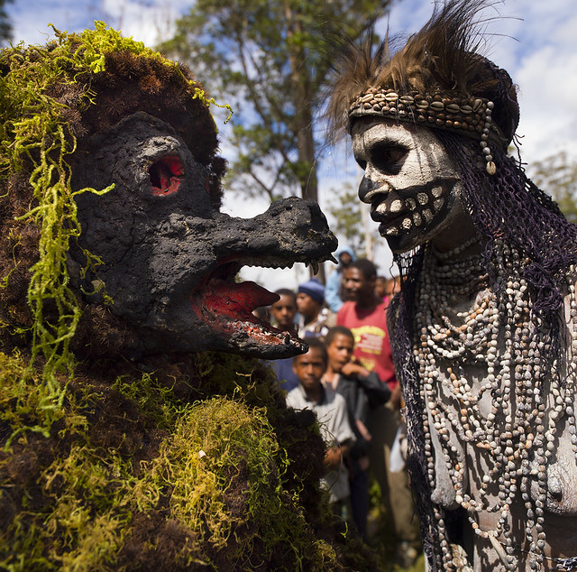 Skeleton Tribe Woman And Giant Rat Character During Mount Hagen Sing Sing Cultural Show, Mt Hagen, Western Highlands, Papua New Guinea