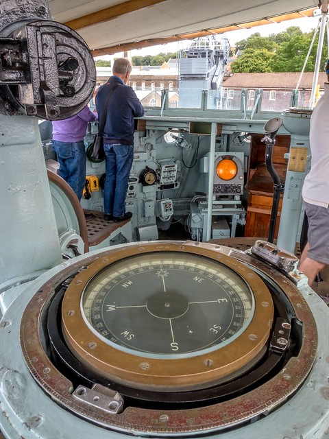 A compass binnacle on the bridge of HMS Cavalier, the world's last surviving WWII destroyer, now in dry dock at Chatham Historic Dockyard