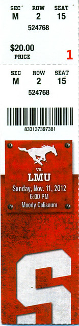 November 11, 2012, SMU Mustangs vs Loyola Marymount, Men's Basketball, Moody Coliseum, Dallas, Texas - Ticket Stub (Larry Brown's First Game at SMU)