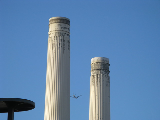 Two chimneys and an aeroplane