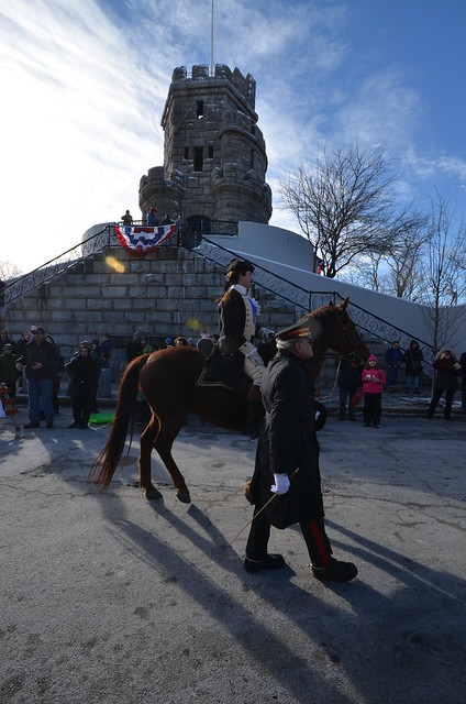 George Washington riding in on a horse to Prospect Hill for Somerville's New Year's Day commemoration of the raising of the first American flag