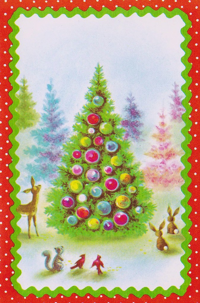 Vintage Christmas Card Forest Animals Around Tree | Interior… | Flickr