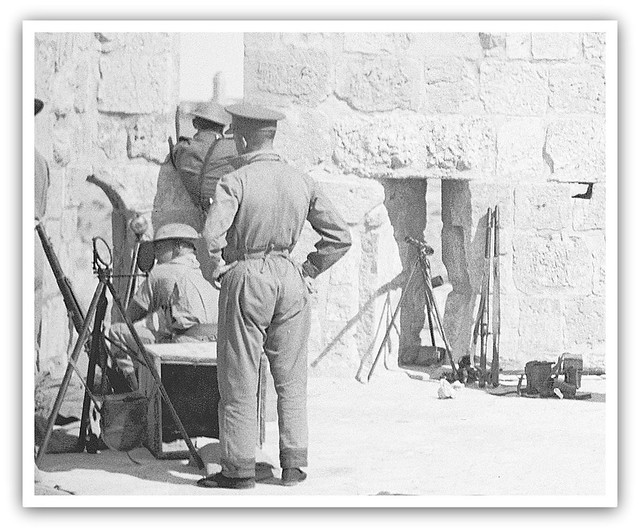 British troops with heliograph, Signal Lamp and spotting eqpt etc  on Tower of David, Jerusalem, Palestine - circa 1938