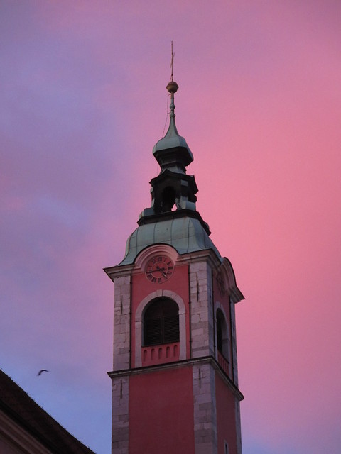 Franciscan Church spire, winter sunset, Ljubljana, Slovenia