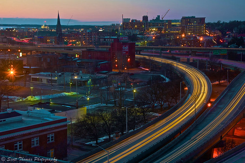 city longexposure winter light red sky signs newyork motion cars skyline clouds buildings movement highway downtown dusk horizon central cny syracuse interstate streaks route81 onondagacounty yourphototips afsnikkor28300mmf3556gedvr