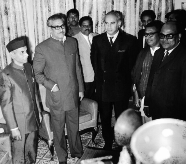 Shaikh Mujibur Rahaman and Zulfikar Ali Bhutto finally meet after getting clearance in Hotel Intercontinental, Dacca March 1971