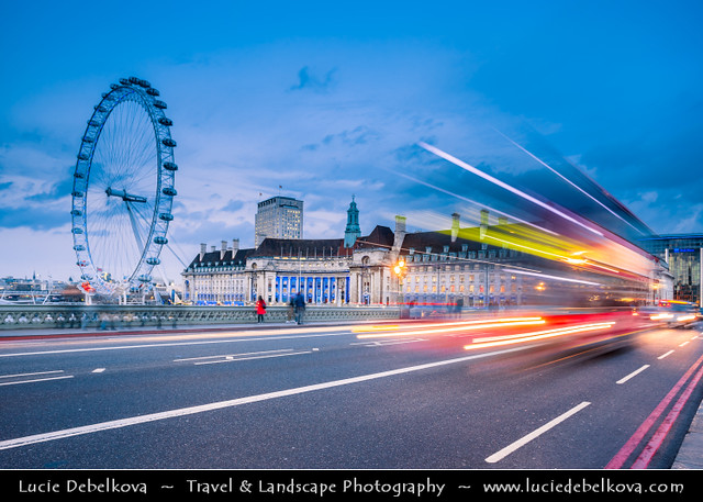 UK - England - London - London Eye - Millennium Wheel - Iconic Red Bus on Westminster Bridge