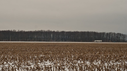 trees sky snow landscape farming dreary trailer agriculture semitractor cornstubble