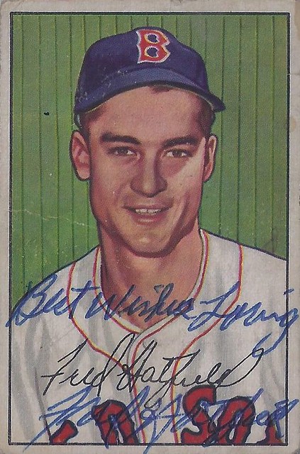 1952 Bowman - Fred Hatfield #153 (Infielder) (b. 18 Mar 1925 - d. 22 May 1998 at age 73) - Autographed Rookie Baseball Card (Boston Red Sox)